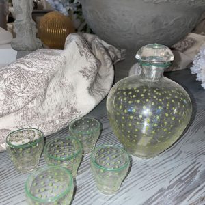 Ampolla con 5 bicchierini in vetro dipinti a mano con micro pois