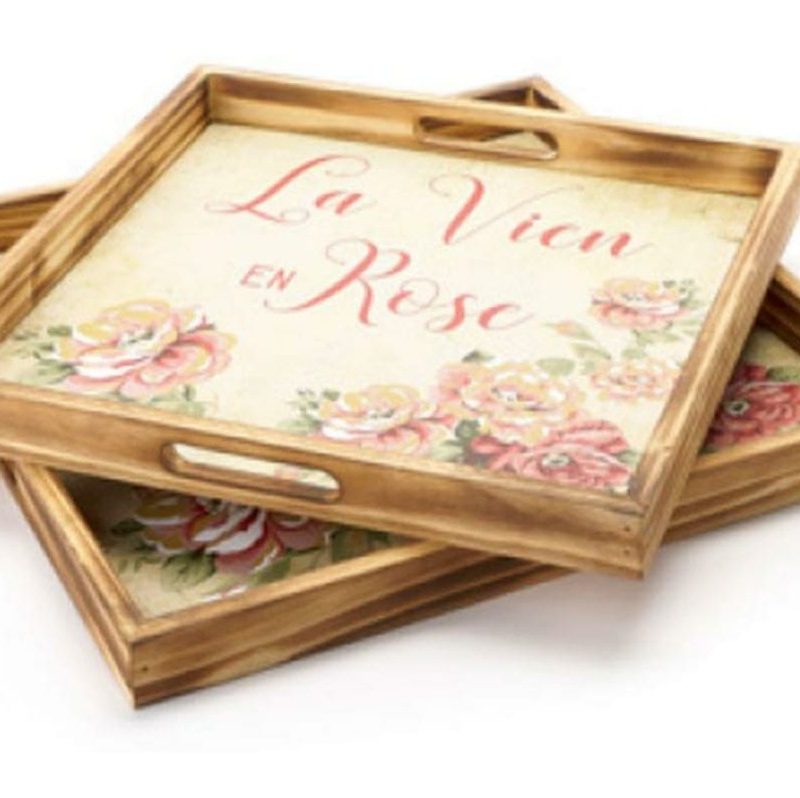 Set 2 Vassoi in legno mdf con decoro floreale Nuvole di stoffa 40x40x3 - 35x35x3