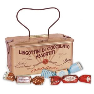 Scatola in latta porta cioccolatini a forma di scrigno con lingottini di cioccolato assortiti g 150