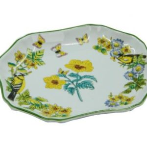 Vassoio centrotavola decoro "Fiori gialli con uccellino" 23,5x18cm Royal Family Collection
