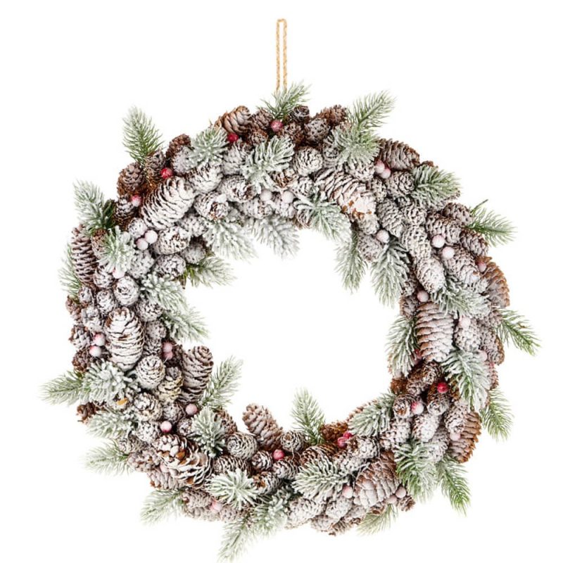 Corona con pigne sbiancate diametro 48 cm Nuvole di Stoffa