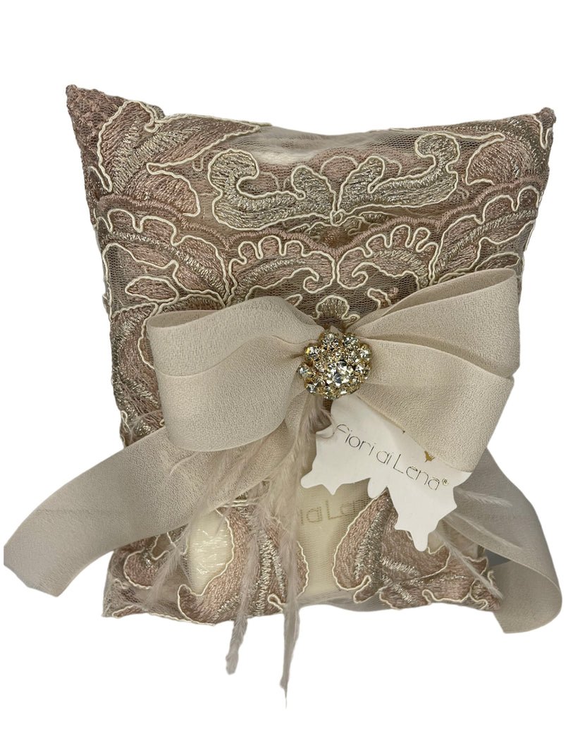 Sacchetto pizzo Cognac con lavetta e sapone 100 gr bottone gioiello con scatola Fiori di Lena