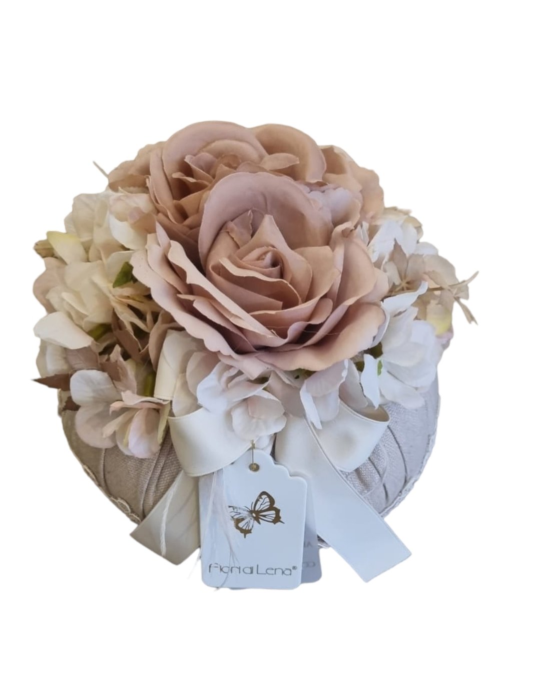 Puffo lino con 2 rose ortensie piume erbetta decorativa e trinetta diametro 18 cm Fiori di Lena