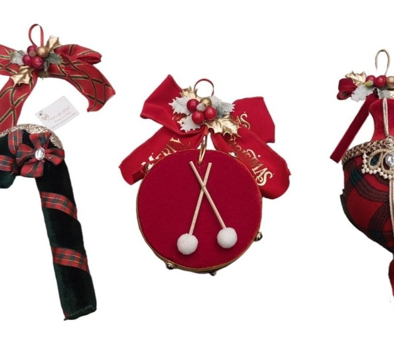 Addobbo Natalizio 3 varianti H 37 tamburello H 23 cm Fiori Di Lena verde e rosso