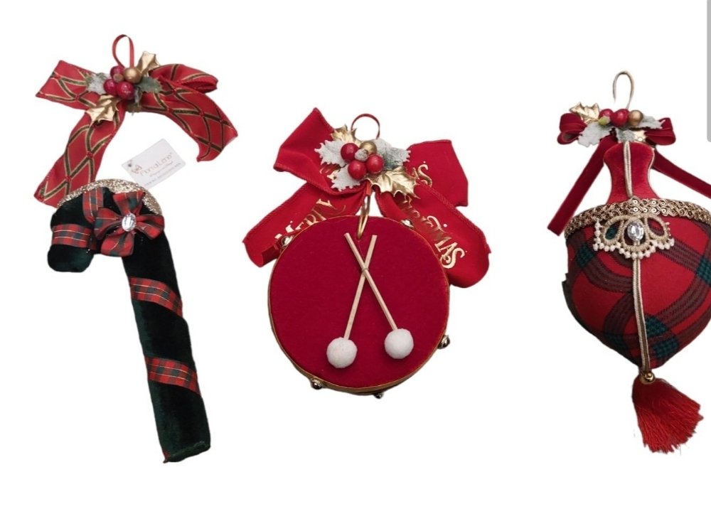 Addobbo Natalizio 3 varianti H 37 tamburello H 23 cm Fiori Di Lena verde e rosso