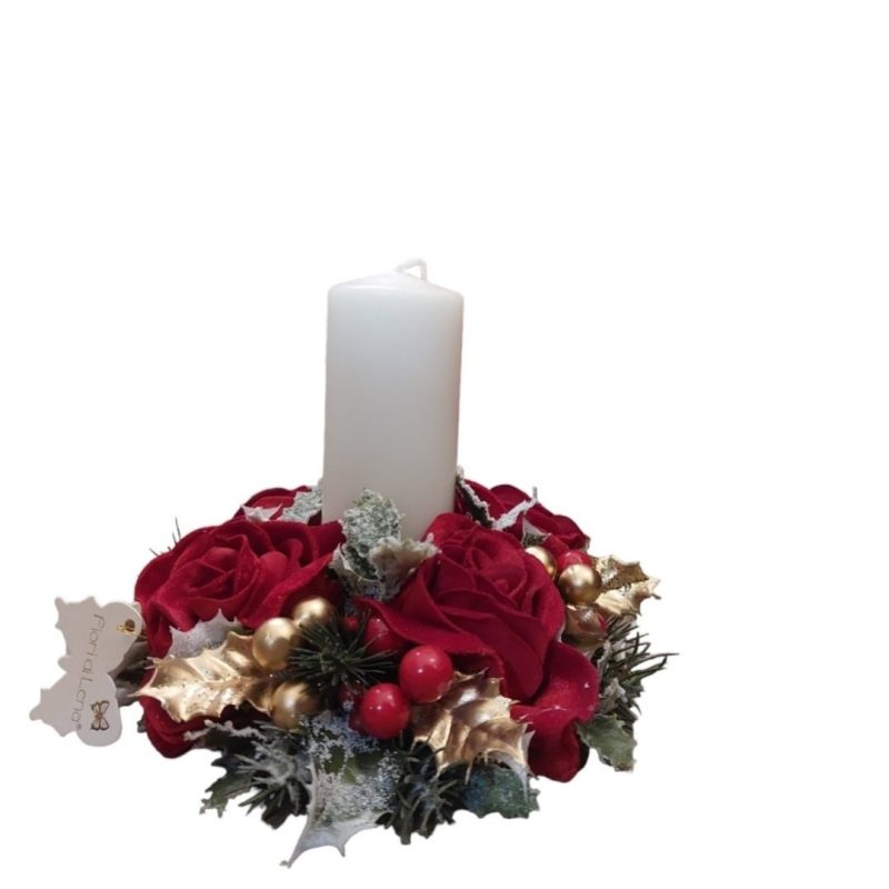 Porta candela con boccioli in velluto pino innevato e decori vari 20 x H 17 cm Fiori di Lena