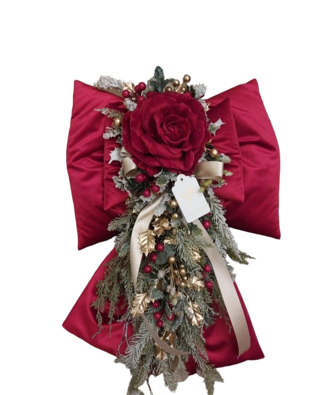 Doppio fiocco velluto rosso con rosa e tralcio di pino 40 x 65 H