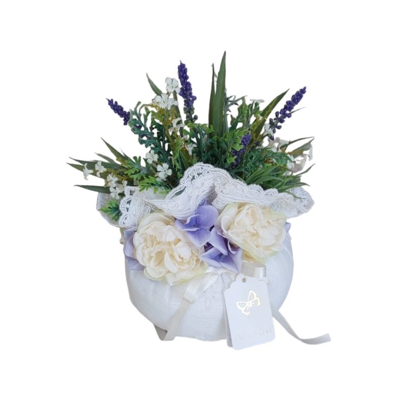 Pouf lino e pizzo con fiori e lavanda 19 diametro x 30 H Fiori di Lena