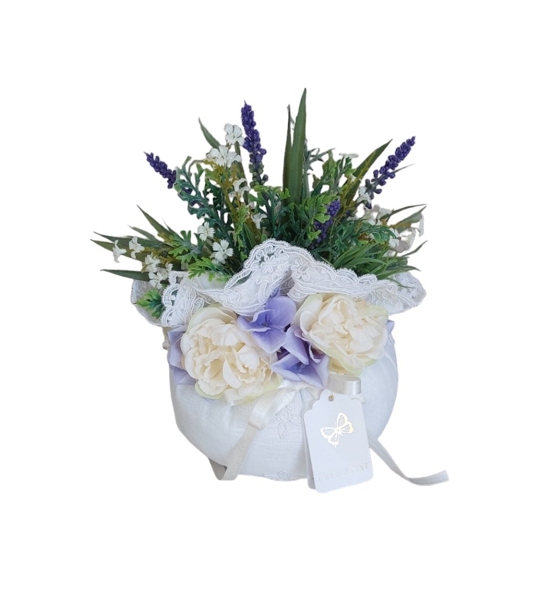 Pouf lino e pizzo con fiori e lavanda 19 diametro x 30 H Fiori di Lena