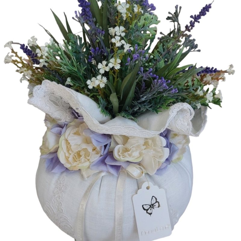 Pouf lino e pizzo con fiori e lavanda 24 diametro x 38 H Fiori di Lena