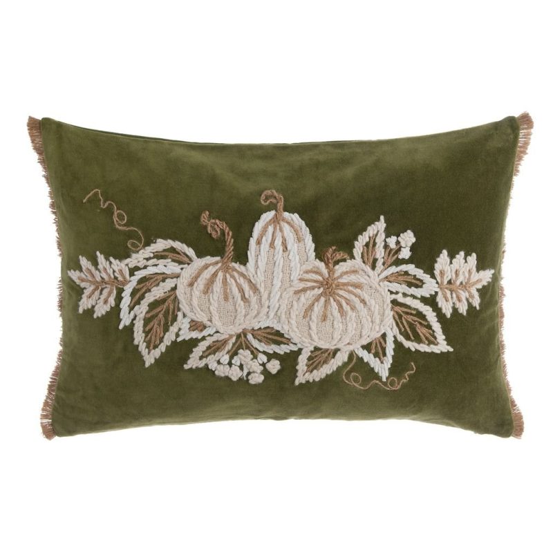 Blanc Mariclo cuscino in velluto verde con ricamo zucche coll. Zucche di Sogno