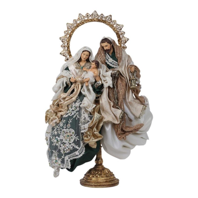 Sacra Famiglia su Alzatina in Resina Abiti pregiati color Verde ,avorio e Doratodi Fiori di Lena