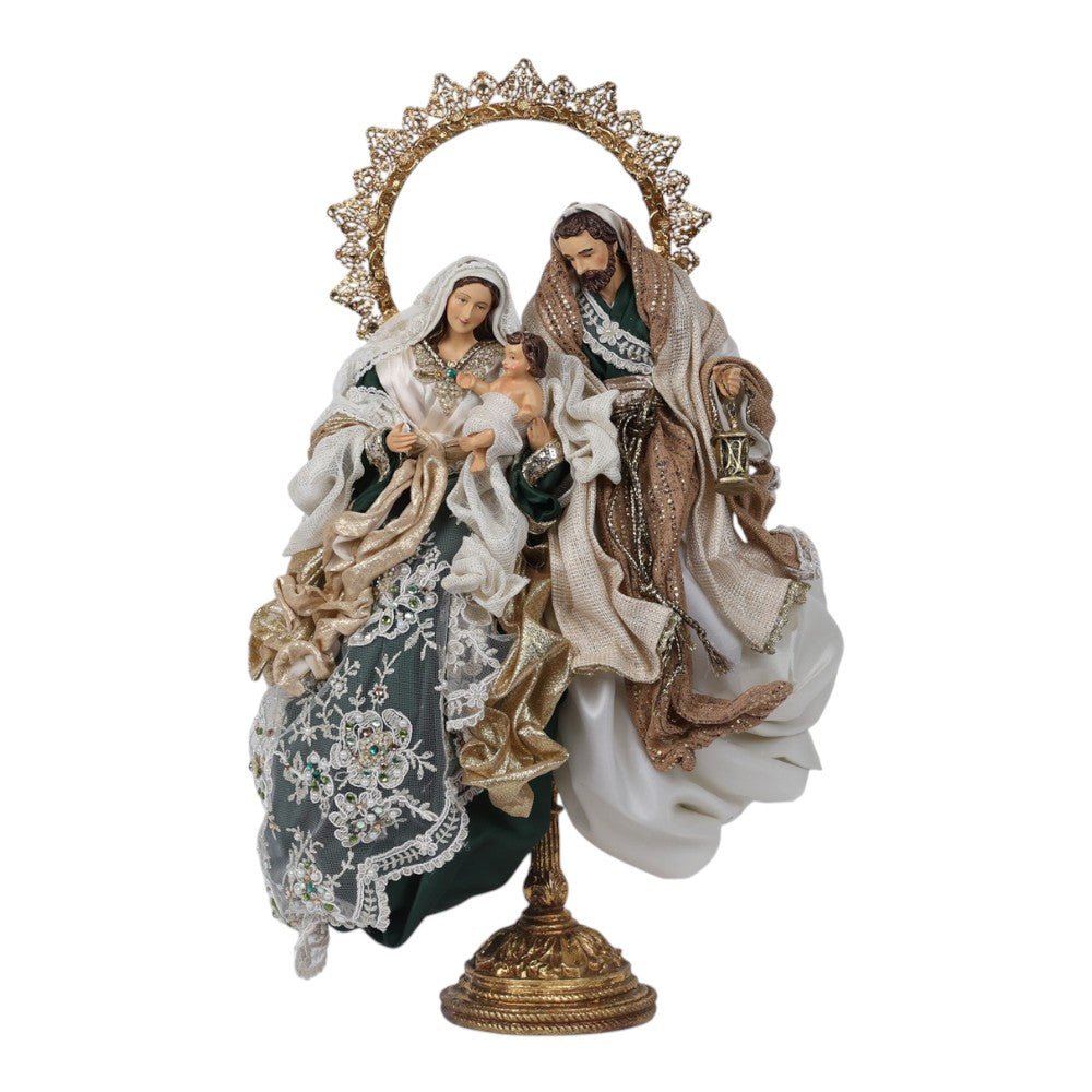 Sacra Famiglia su Alzatina in Resina Abiti pregiati color Verde ,avorio e Doratodi Fiori di Lena