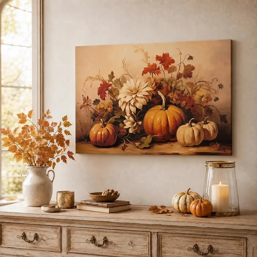 Quadro Autunnale con Zucche e Fiori 70×50 cm coll.Racconti d’Autunno di Nuvole di Stoffa - immagine 2